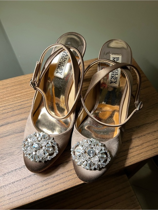 Badgley Mischka Shoes - Badgley Mischka Taupe Satin Crystal-Embellished Slingbacks